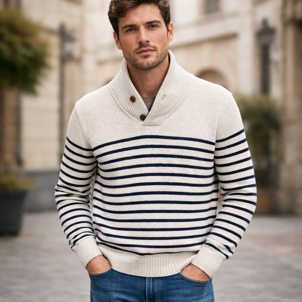 J. Crew Men's Turtleneck Sweater in Cream and Black Stripes 100% Cotton-Size M